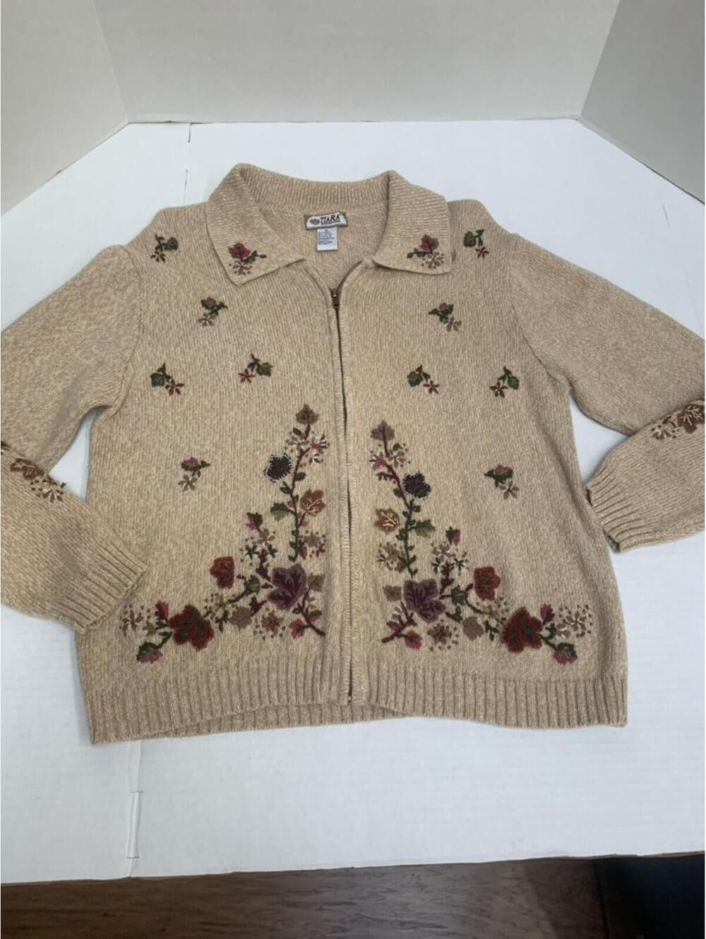 Vintage Tiara International Zipper Tan Embroidered Cardigan Sweater Jacket Sz XL